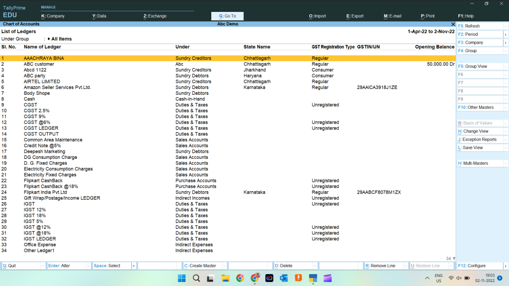 Tally Prime Chart of Accounts