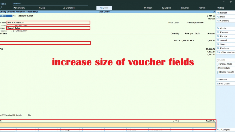 Tally TDL to Increase Voucher Fields Size