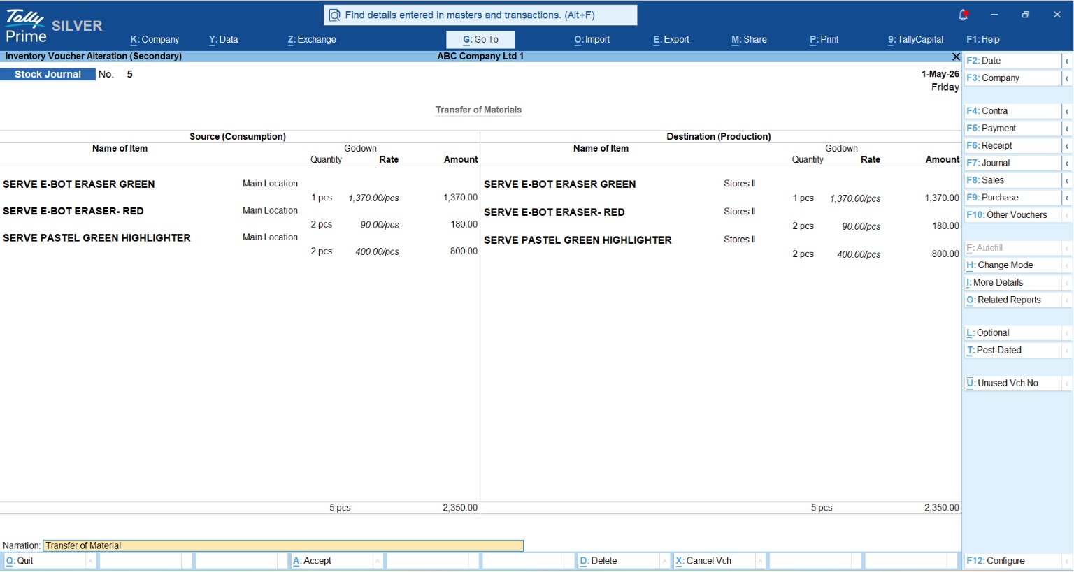 Godown Transfer in TallyPrime