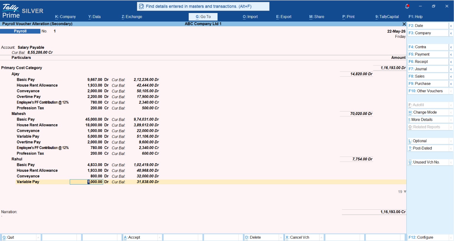 Payroll voucher in TallyPrime