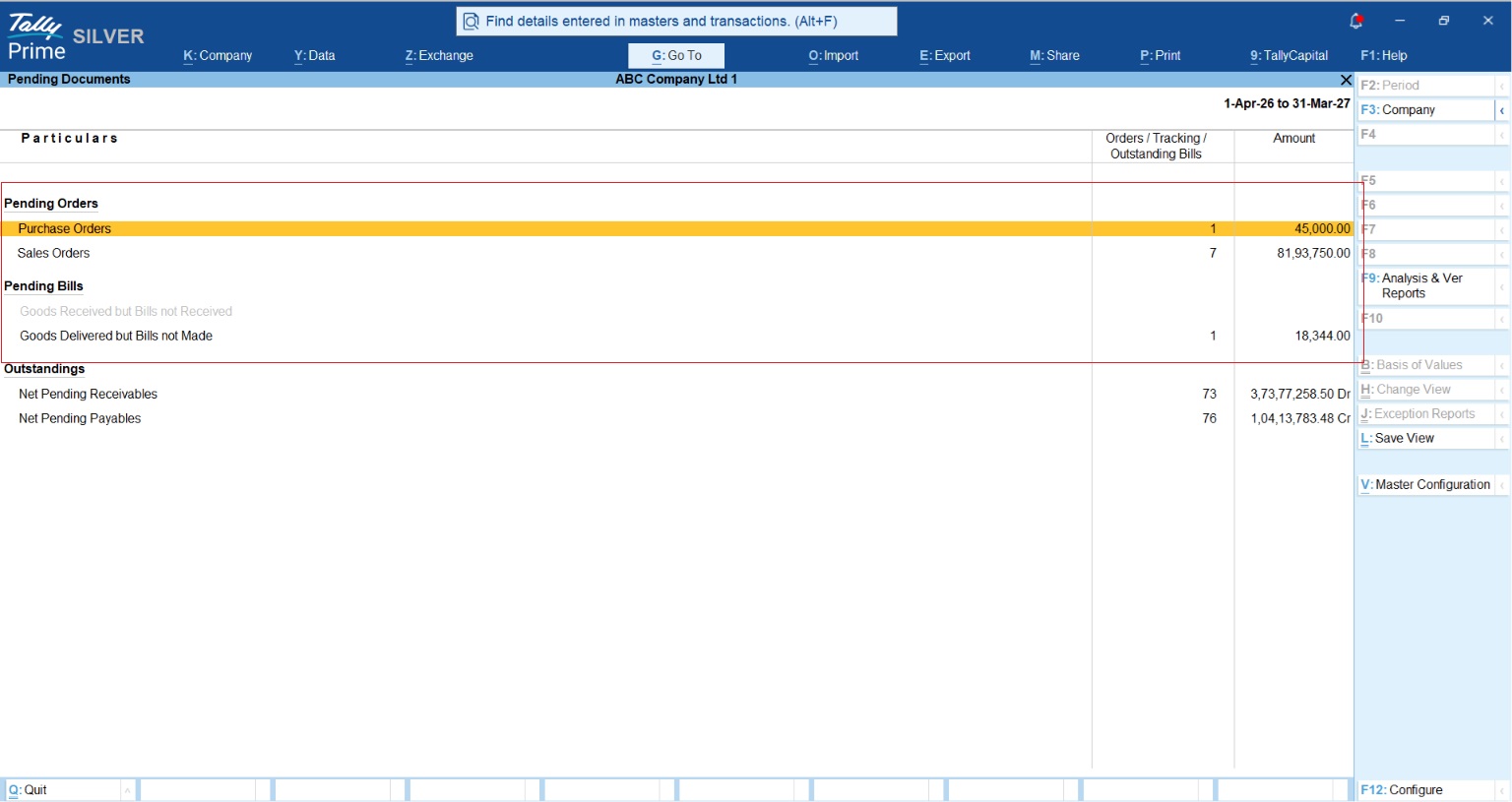 Pending Purchase Orders Sales Orders and Bills in TallyPrime