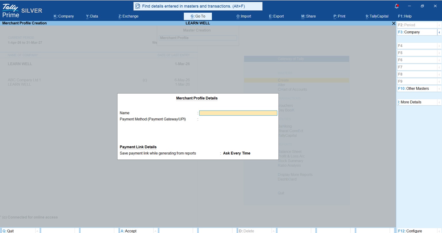 Bank Merchant Profile in TallyPrime
