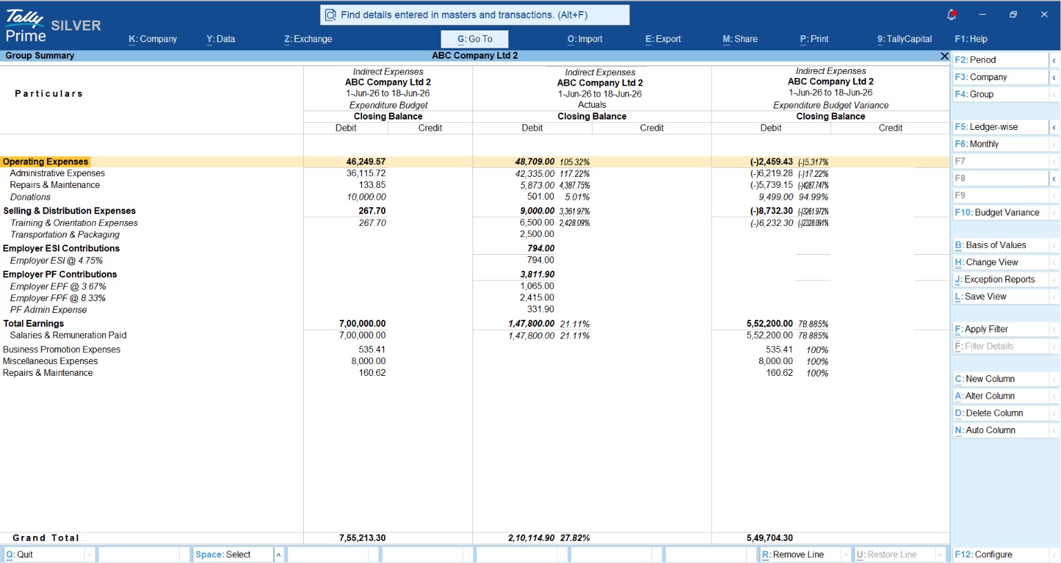 Budget Variance TallyPrime