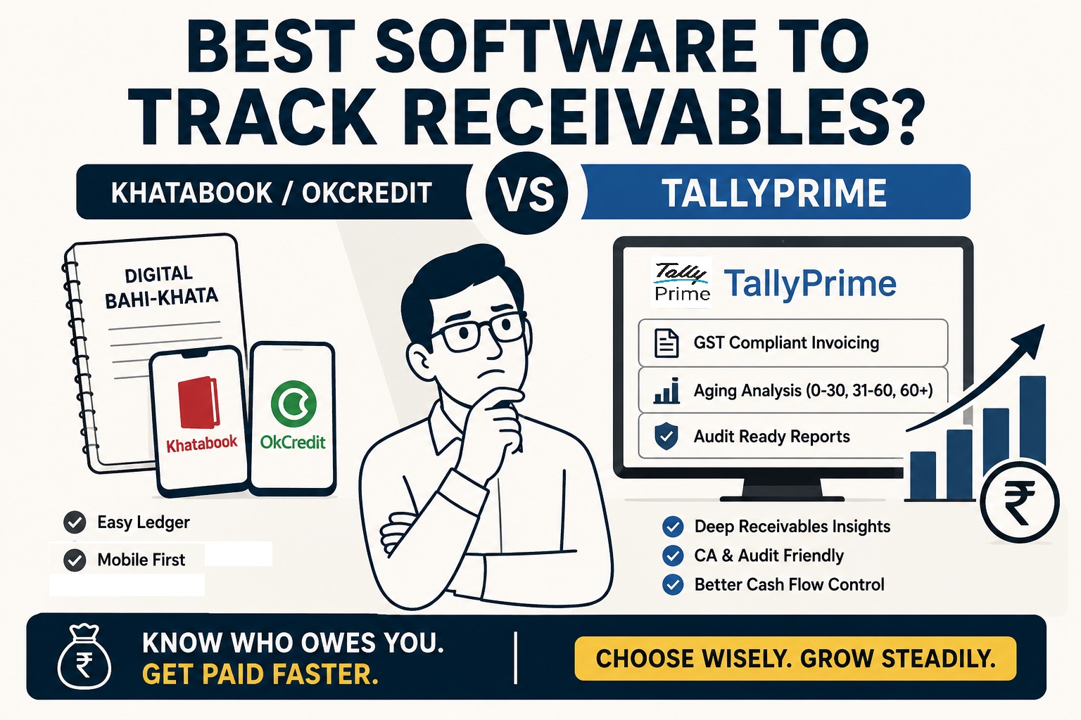 Which is the Best Software for a Small Business to Track Receivables? (TallyPrime vs OkCredit vs Khatabook)