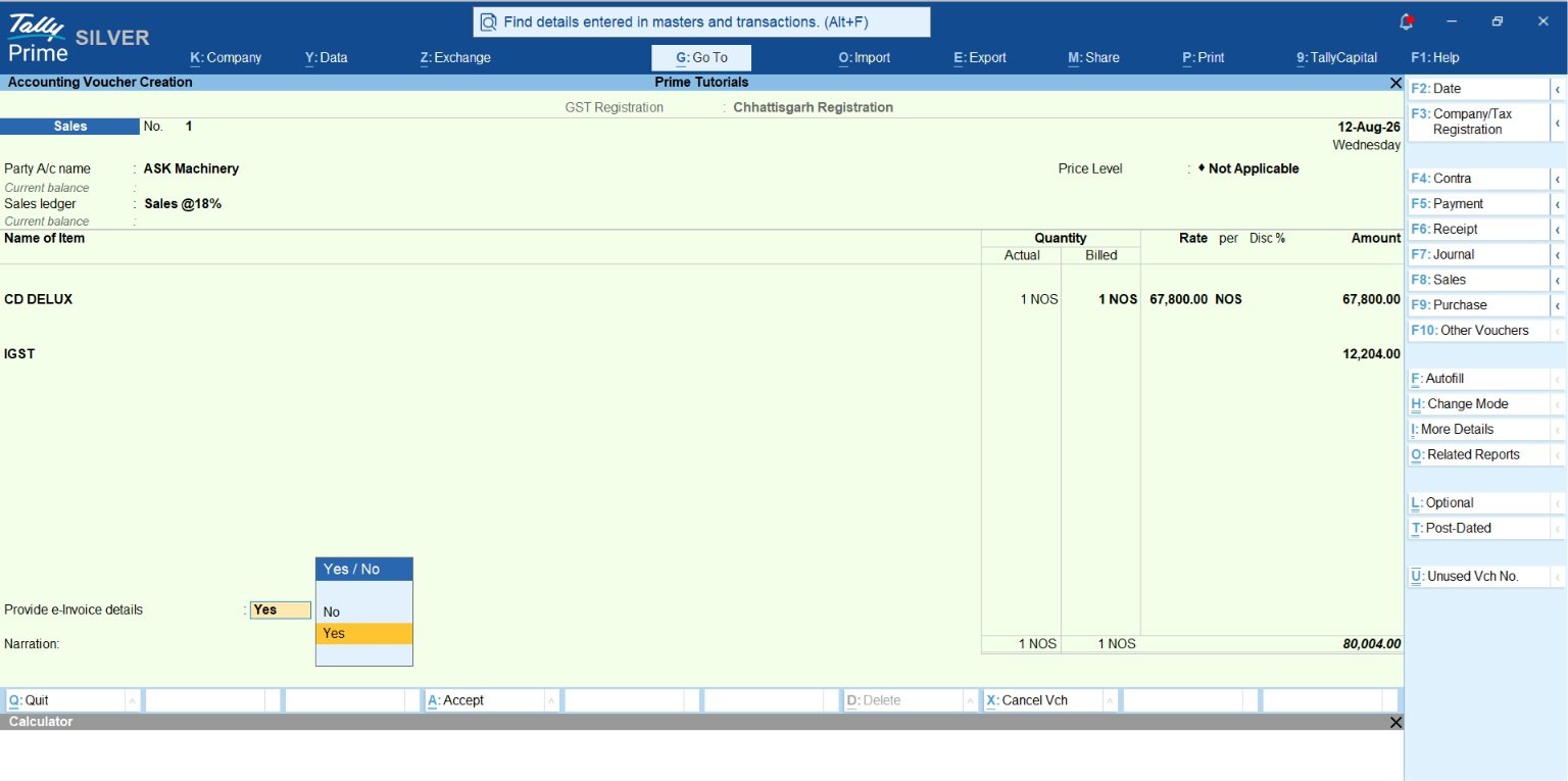 E Invoice option in TallyPrime Sales voucher