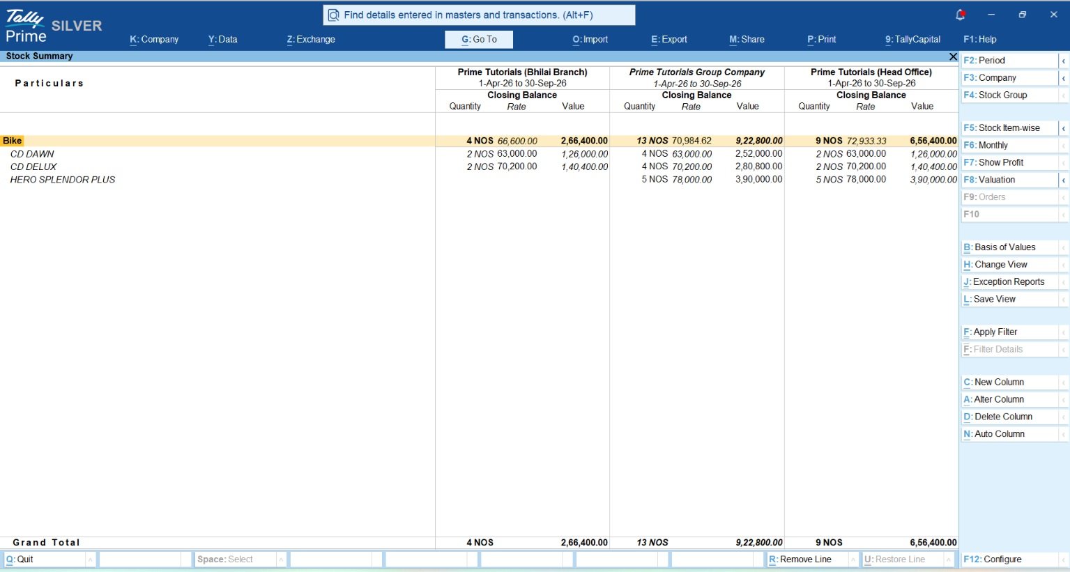 branch wise stock summary tallyprime